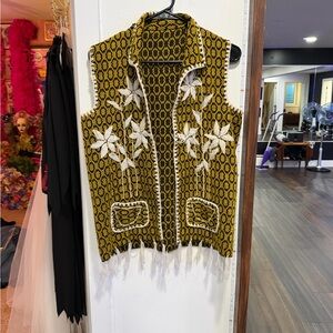 Yellow & Black Floral Knit Fringe Vest